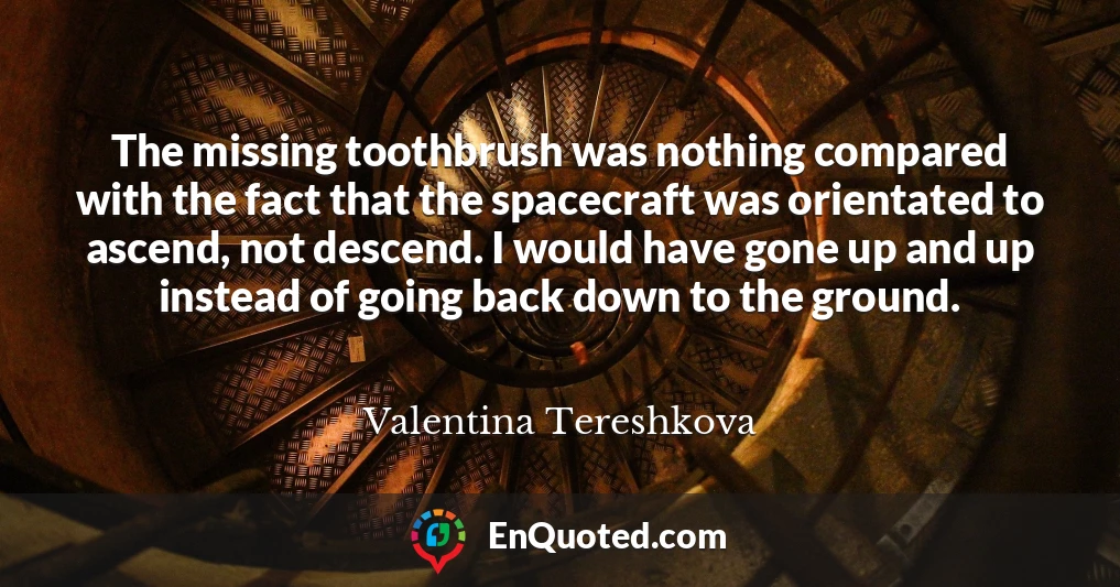 The missing toothbrush was nothing compared with the fact that the spacecraft was orientated to ascend, not descend. I would have gone up and up instead of going back down to the ground.