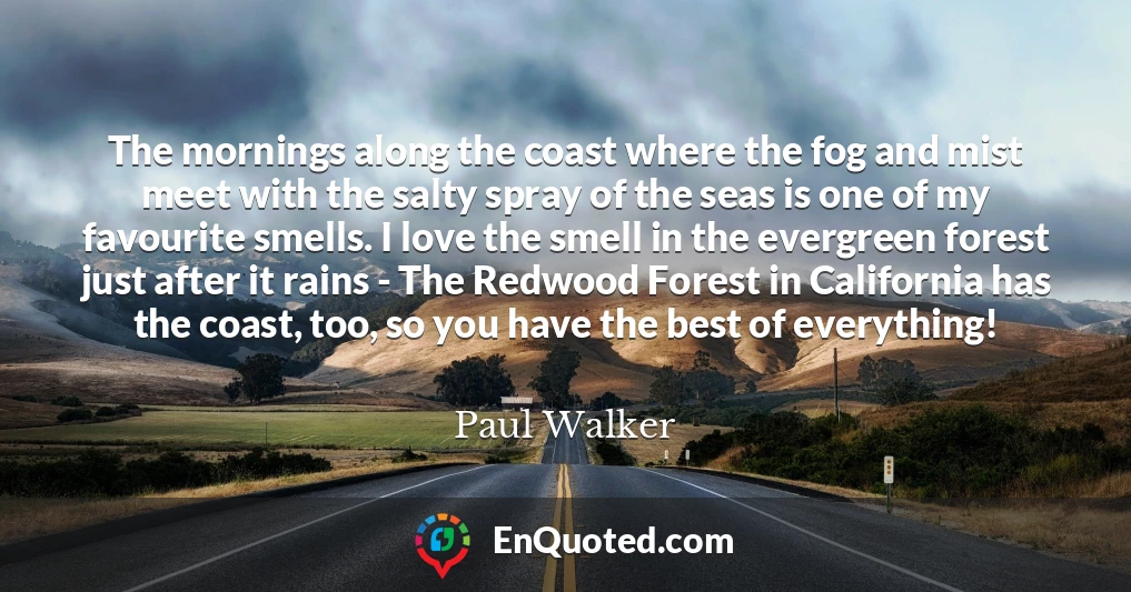The mornings along the coast where the fog and mist meet with the salty spray of the seas is one of my favourite smells. I love the smell in the evergreen forest just after it rains - The Redwood Forest in California has the coast, too, so you have the best of everything!
