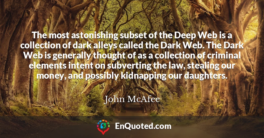 The most astonishing subset of the Deep Web is a collection of dark alleys called the Dark Web. The Dark Web is generally thought of as a collection of criminal elements intent on subverting the law, stealing our money, and possibly kidnapping our daughters.