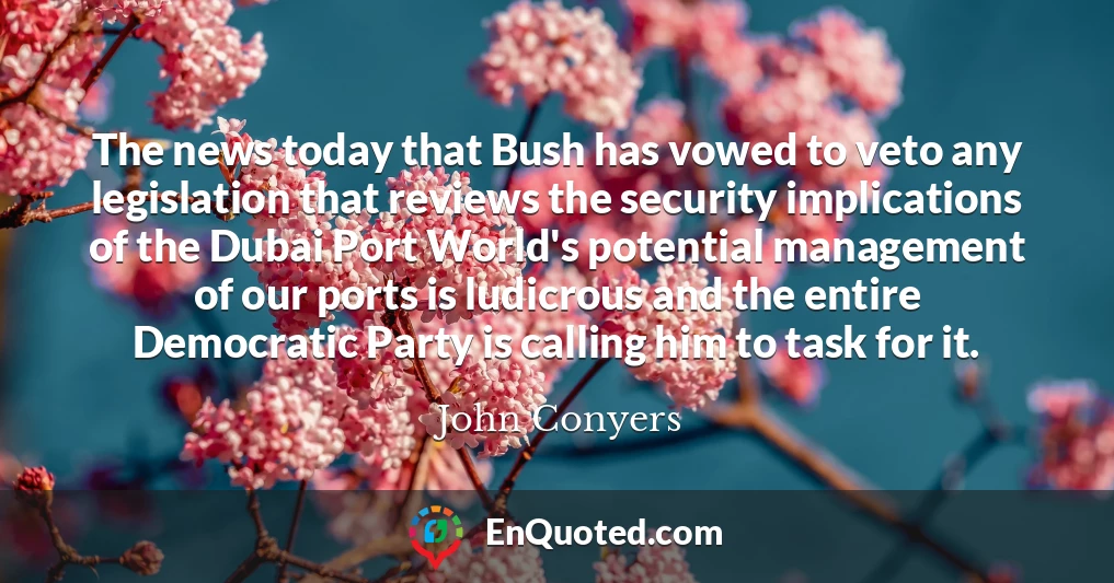 The news today that Bush has vowed to veto any legislation that reviews the security implications of the Dubai Port World's potential management of our ports is ludicrous and the entire Democratic Party is calling him to task for it.