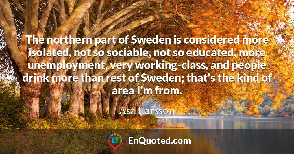 The northern part of Sweden is considered more isolated, not so sociable, not so educated, more unemployment, very working-class, and people drink more than rest of Sweden; that's the kind of area I'm from.