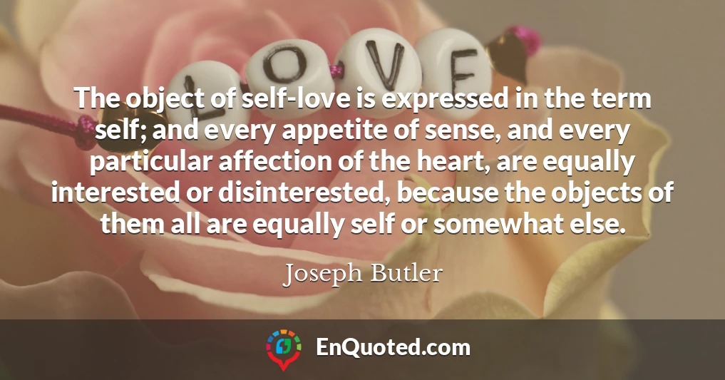 The object of self-love is expressed in the term self; and every appetite of sense, and every particular affection of the heart, are equally interested or disinterested, because the objects of them all are equally self or somewhat else.