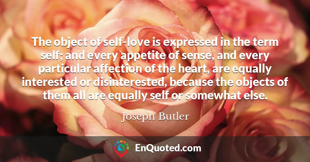 The object of self-love is expressed in the term self; and every appetite of sense, and every particular affection of the heart, are equally interested or disinterested, because the objects of them all are equally self or somewhat else.