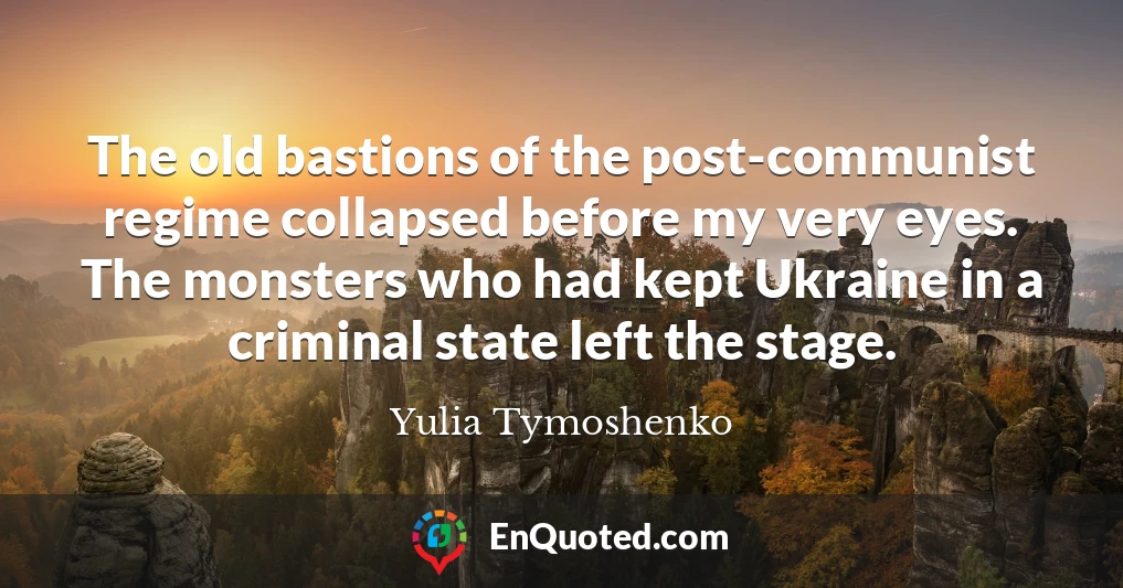 The old bastions of the post-communist regime collapsed before my very eyes. The monsters who had kept Ukraine in a criminal state left the stage.