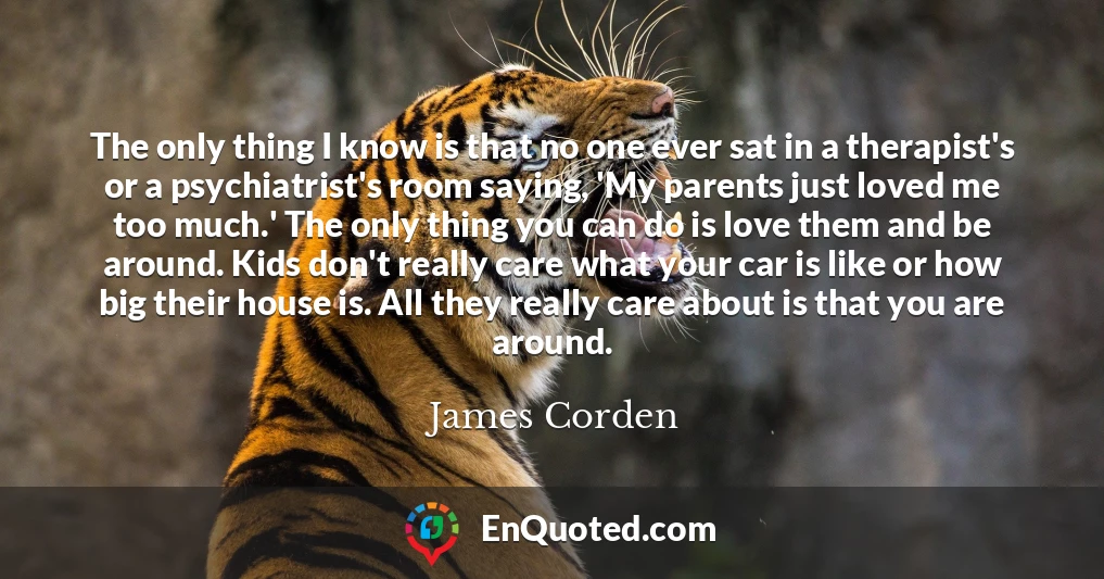 The only thing I know is that no one ever sat in a therapist's or a psychiatrist's room saying, 'My parents just loved me too much.' The only thing you can do is love them and be around. Kids don't really care what your car is like or how big their house is. All they really care about is that you are around.