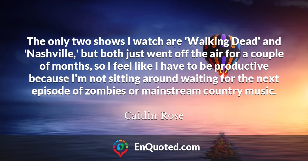 The only two shows I watch are 'Walking Dead' and 'Nashville,' but both just went off the air for a couple of months, so I feel like I have to be productive because I'm not sitting around waiting for the next episode of zombies or mainstream country music.
