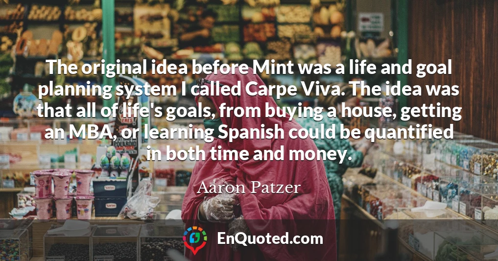 The original idea before Mint was a life and goal planning system I called Carpe Viva. The idea was that all of life's goals, from buying a house, getting an MBA, or learning Spanish could be quantified in both time and money.