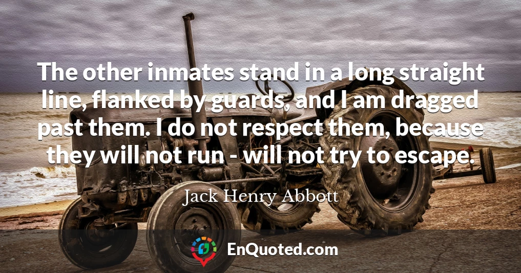 The other inmates stand in a long straight line, flanked by guards, and I am dragged past them. I do not respect them, because they will not run - will not try to escape.