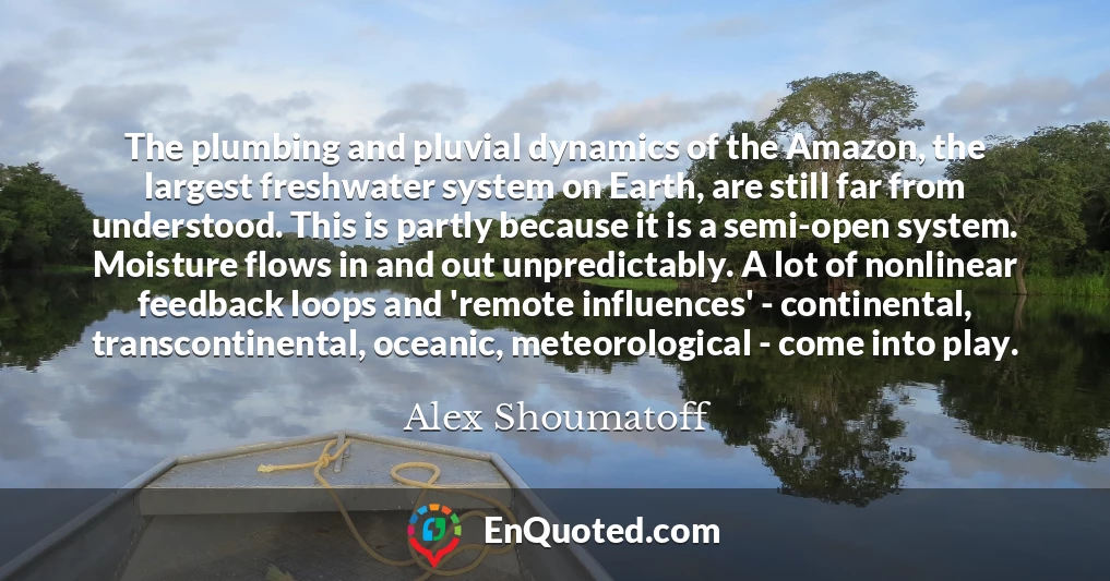 The plumbing and pluvial dynamics of the Amazon, the largest freshwater system on Earth, are still far from understood. This is partly because it is a semi-open system. Moisture flows in and out unpredictably. A lot of nonlinear feedback loops and 'remote influences' - continental, transcontinental, oceanic, meteorological - come into play.