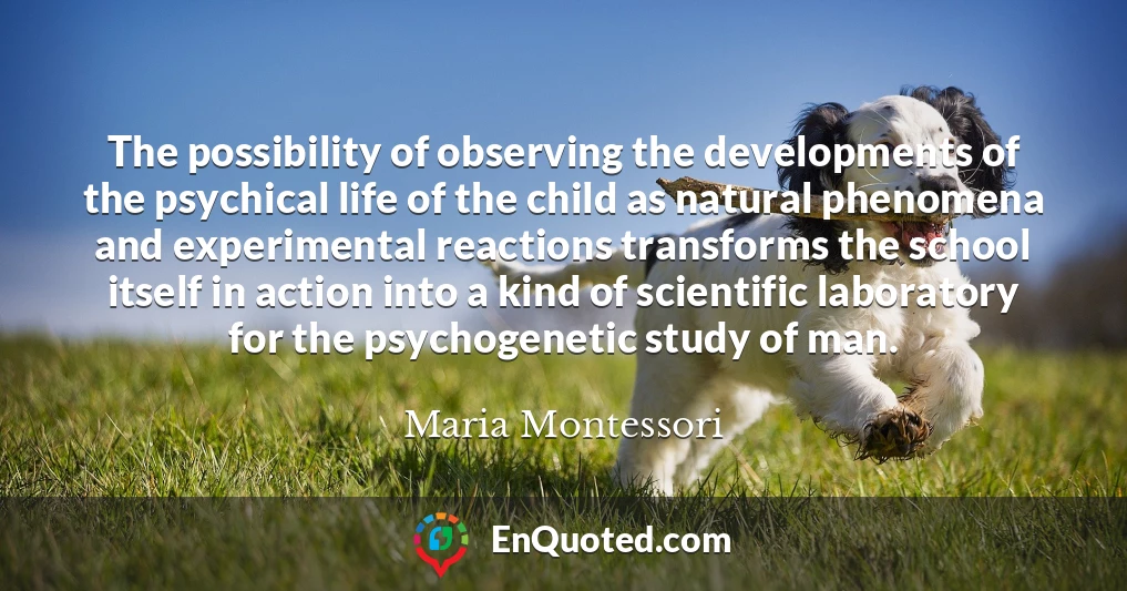 The possibility of observing the developments of the psychical life of the child as natural phenomena and experimental reactions transforms the school itself in action into a kind of scientific laboratory for the psychogenetic study of man.