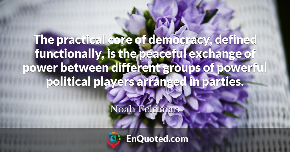 The practical core of democracy, defined functionally, is the peaceful exchange of power between different groups of powerful political players arranged in parties.