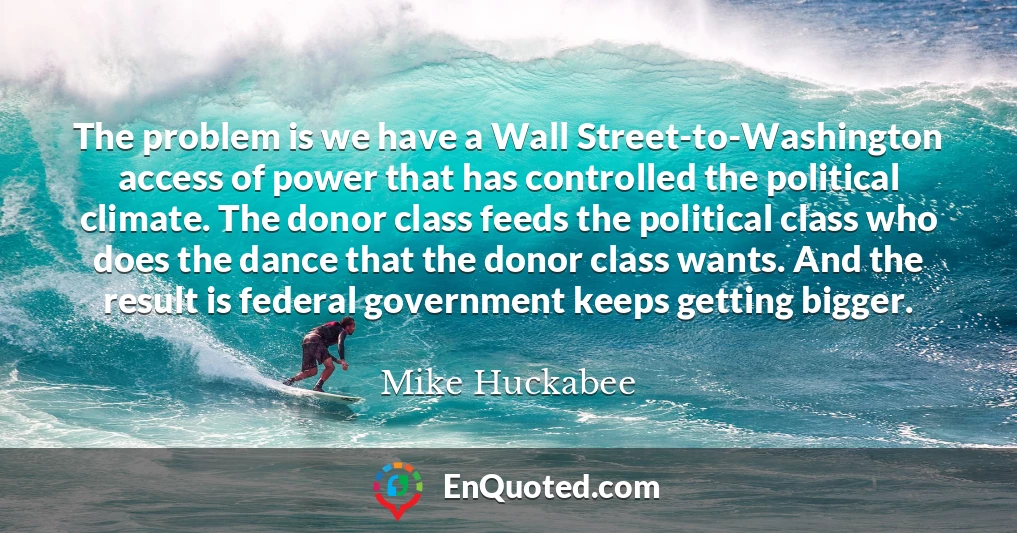 The problem is we have a Wall Street-to-Washington access of power that has controlled the political climate. The donor class feeds the political class who does the dance that the donor class wants. And the result is federal government keeps getting bigger.
