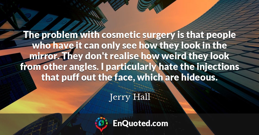 The problem with cosmetic surgery is that people who have it can only see how they look in the mirror. They don't realise how weird they look from other angles. I particularly hate the injections that puff out the face, which are hideous.