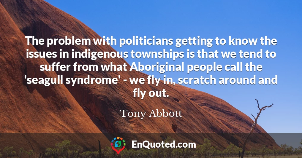 The problem with politicians getting to know the issues in indigenous townships is that we tend to suffer from what Aboriginal people call the 'seagull syndrome' - we fly in, scratch around and fly out.