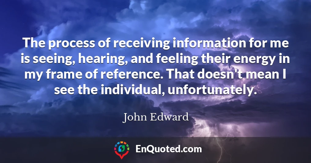 The process of receiving information for me is seeing, hearing, and feeling their energy in my frame of reference. That doesn't mean I see the individual, unfortunately.