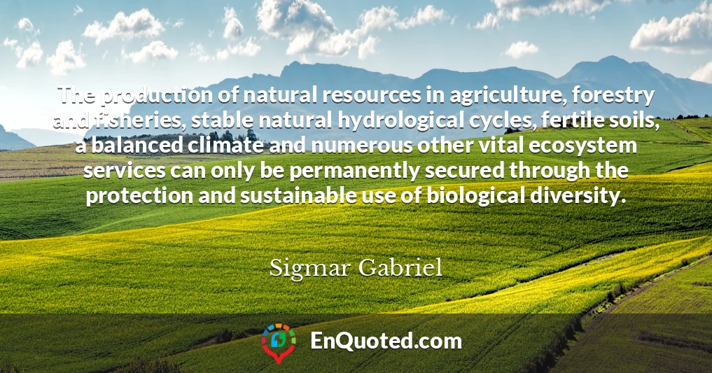 The production of natural resources in agriculture, forestry and fisheries, stable natural hydrological cycles, fertile soils, a balanced climate and numerous other vital ecosystem services can only be permanently secured through the protection and sustainable use of biological diversity.