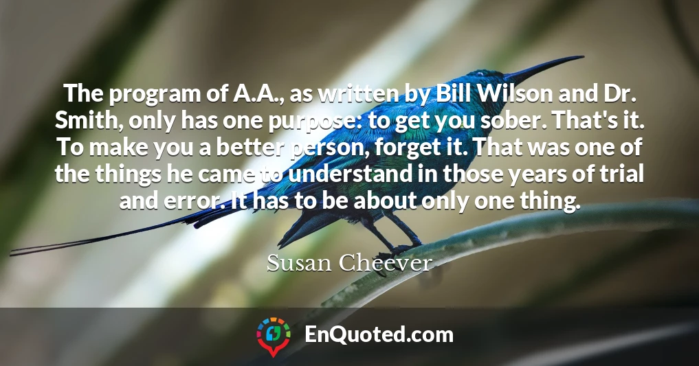 The program of A.A., as written by Bill Wilson and Dr. Smith, only has one purpose: to get you sober. That's it. To make you a better person, forget it. That was one of the things he came to understand in those years of trial and error. It has to be about only one thing.