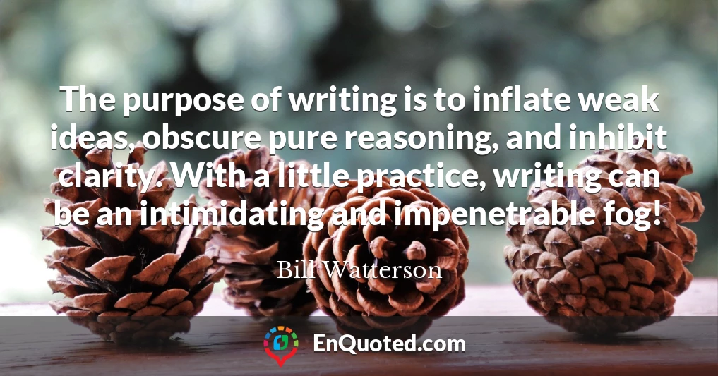 The purpose of writing is to inflate weak ideas, obscure pure reasoning, and inhibit clarity. With a little practice, writing can be an intimidating and impenetrable fog!