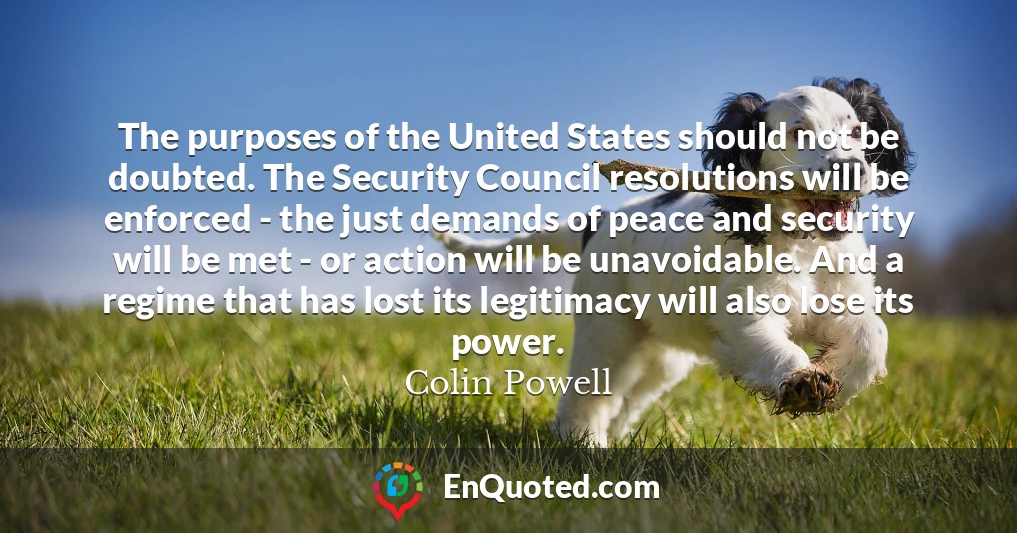 The purposes of the United States should not be doubted. The Security Council resolutions will be enforced - the just demands of peace and security will be met - or action will be unavoidable. And a regime that has lost its legitimacy will also lose its power.