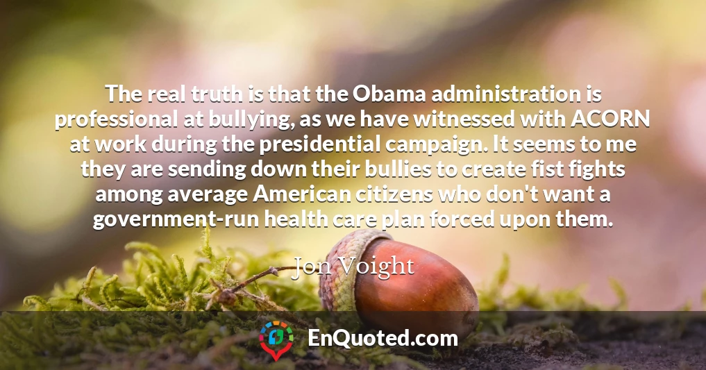 The real truth is that the Obama administration is professional at bullying, as we have witnessed with ACORN at work during the presidential campaign. It seems to me they are sending down their bullies to create fist fights among average American citizens who don't want a government-run health care plan forced upon them.