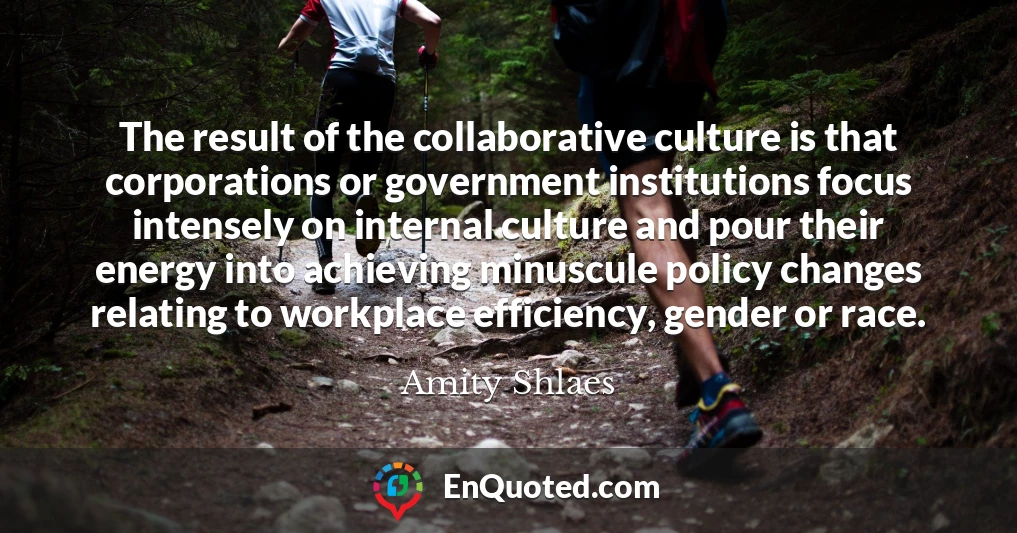 The result of the collaborative culture is that corporations or government institutions focus intensely on internal culture and pour their energy into achieving minuscule policy changes relating to workplace efficiency, gender or race.