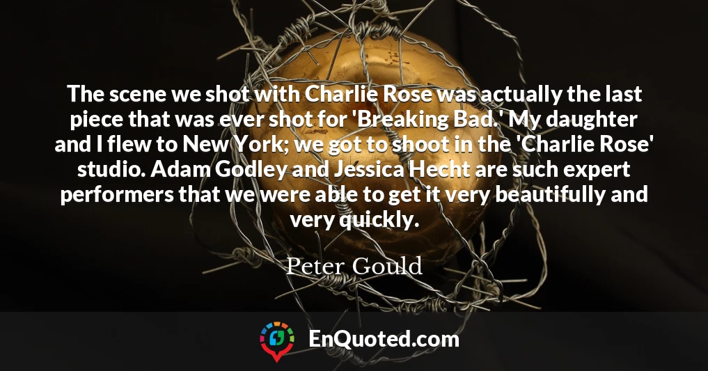 The scene we shot with Charlie Rose was actually the last piece that was ever shot for 'Breaking Bad.' My daughter and I flew to New York; we got to shoot in the 'Charlie Rose' studio. Adam Godley and Jessica Hecht are such expert performers that we were able to get it very beautifully and very quickly.