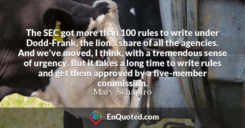 The SEC got more than 100 rules to write under Dodd-Frank, the lion's share of all the agencies. And we've moved, I think, with a tremendous sense of urgency. But it takes a long time to write rules and get them approved by a five-member commission.