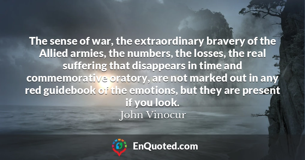 The sense of war, the extraordinary bravery of the Allied armies, the numbers, the losses, the real suffering that disappears in time and commemorative oratory, are not marked out in any red guidebook of the emotions, but they are present if you look.