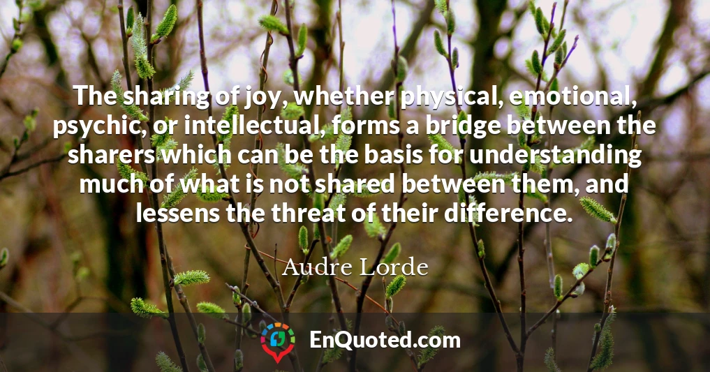 The sharing of joy, whether physical, emotional, psychic, or intellectual, forms a bridge between the sharers which can be the basis for understanding much of what is not shared between them, and lessens the threat of their difference.