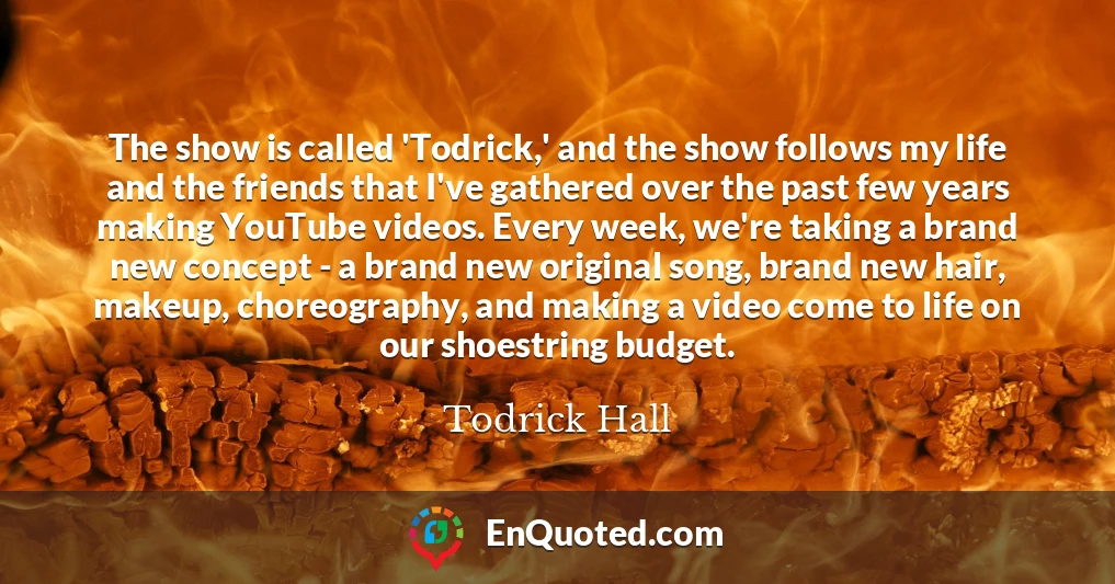 The show is called 'Todrick,' and the show follows my life and the friends that I've gathered over the past few years making YouTube videos. Every week, we're taking a brand new concept - a brand new original song, brand new hair, makeup, choreography, and making a video come to life on our shoestring budget.