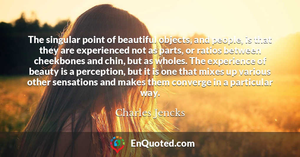 The singular point of beautiful objects, and people, is that they are experienced not as parts, or ratios between cheekbones and chin, but as wholes. The experience of beauty is a perception, but it is one that mixes up various other sensations and makes them converge in a particular way.