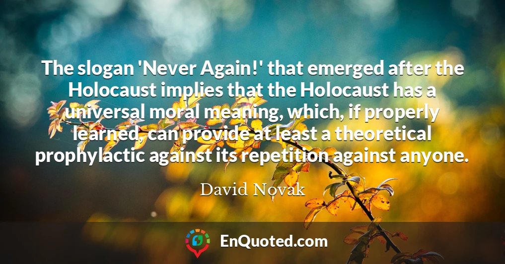 The slogan 'Never Again!' that emerged after the Holocaust implies that the Holocaust has a universal moral meaning, which, if properly learned, can provide at least a theoretical prophylactic against its repetition against anyone.