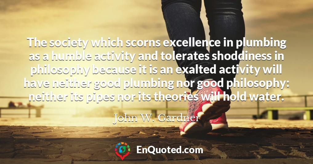 The society which scorns excellence in plumbing as a humble activity and tolerates shoddiness in philosophy because it is an exalted activity will have neither good plumbing nor good philosophy: neither its pipes nor its theories will hold water.