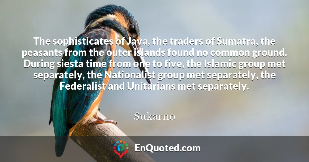 The sophisticates of Java, the traders of Sumatra, the peasants from the outer islands found no common ground. During siesta time from one to five, the Islamic group met separately, the Nationalist group met separately, the Federalist and Unitarians met separately.