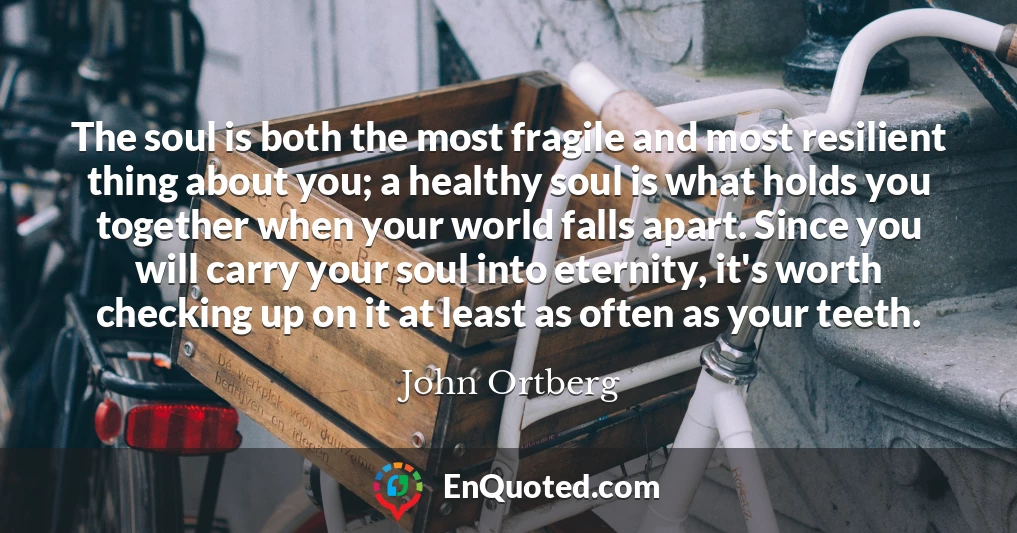 The soul is both the most fragile and most resilient thing about you; a healthy soul is what holds you together when your world falls apart. Since you will carry your soul into eternity, it's worth checking up on it at least as often as your teeth.
