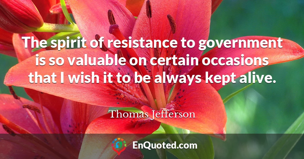 The spirit of resistance to government is so valuable on certain occasions that I wish it to be always kept alive.