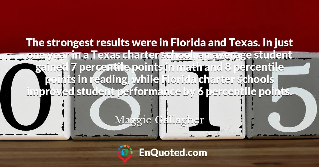 The strongest results were in Florida and Texas. In just one year in a Texas charter school, an average student gained 7 percentile points in math and 8 percentile points in reading, while Florida charter schools improved student performance by 6 percentile points.