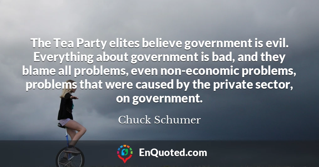 The Tea Party elites believe government is evil. Everything about government is bad, and they blame all problems, even non-economic problems, problems that were caused by the private sector, on government.