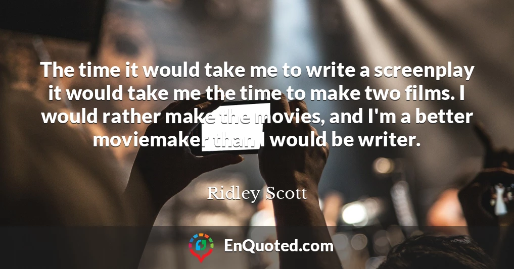 The time it would take me to write a screenplay it would take me the time to make two films. I would rather make the movies, and I'm a better moviemaker than I would be writer.