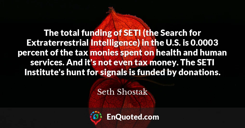 The total funding of SETI (the Search for Extraterrestrial Intelligence) in the U.S. is 0.0003 percent of the tax monies spent on health and human services. And it's not even tax money. The SETI Institute's hunt for signals is funded by donations.