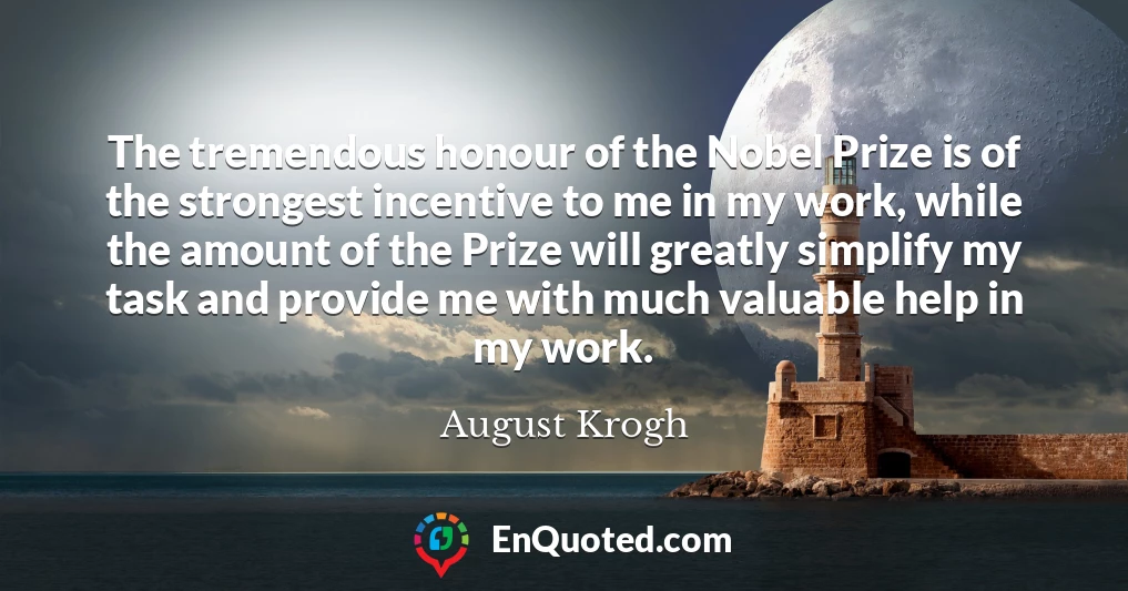 The tremendous honour of the Nobel Prize is of the strongest incentive to me in my work, while the amount of the Prize will greatly simplify my task and provide me with much valuable help in my work.