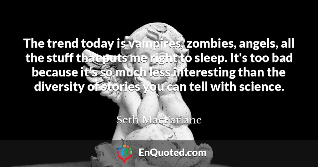 The trend today is vampires, zombies, angels, all the stuff that puts me right to sleep. It's too bad because it's so much less interesting than the diversity of stories you can tell with science.