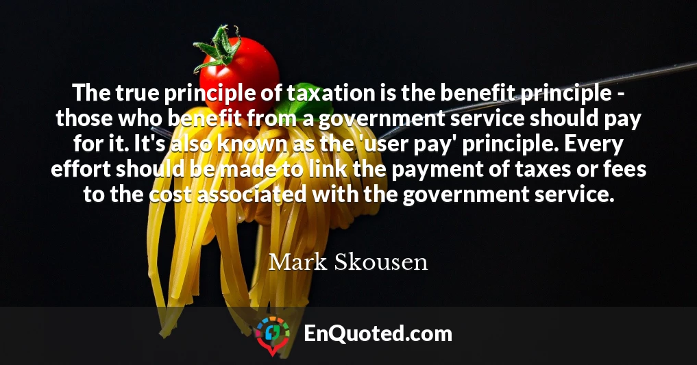 The true principle of taxation is the benefit principle - those who benefit from a government service should pay for it. It's also known as the 'user pay' principle. Every effort should be made to link the payment of taxes or fees to the cost associated with the government service.