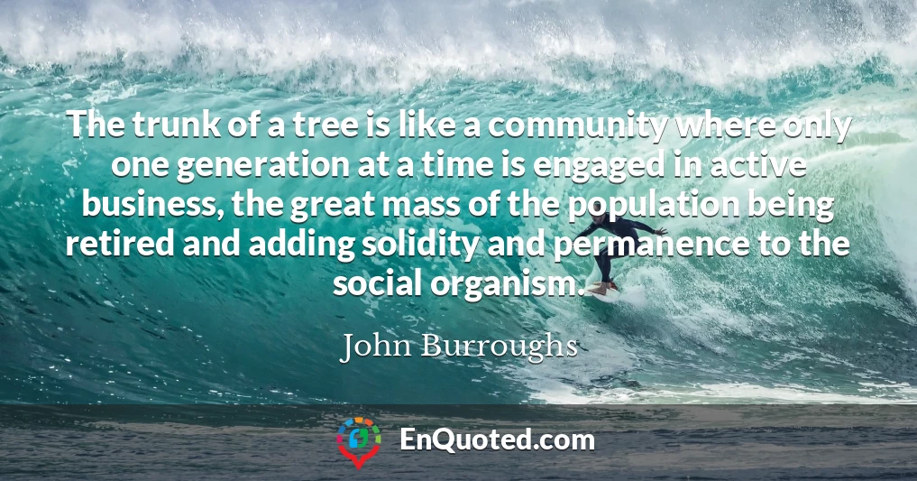The trunk of a tree is like a community where only one generation at a time is engaged in active business, the great mass of the population being retired and adding solidity and permanence to the social organism.