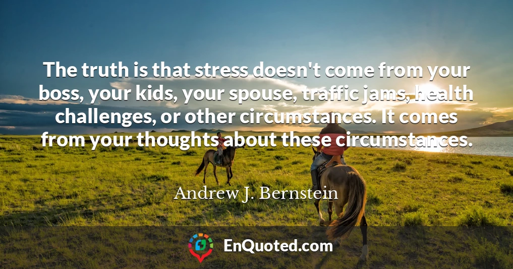 The truth is that stress doesn't come from your boss, your kids, your spouse, traffic jams, health challenges, or other circumstances. It comes from your thoughts about these circumstances.