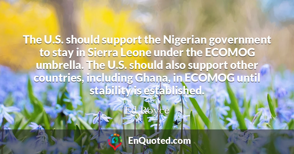 The U.S. should support the Nigerian government to stay in Sierra Leone under the ECOMOG umbrella. The U.S. should also support other countries, including Ghana, in ECOMOG until stability is established.