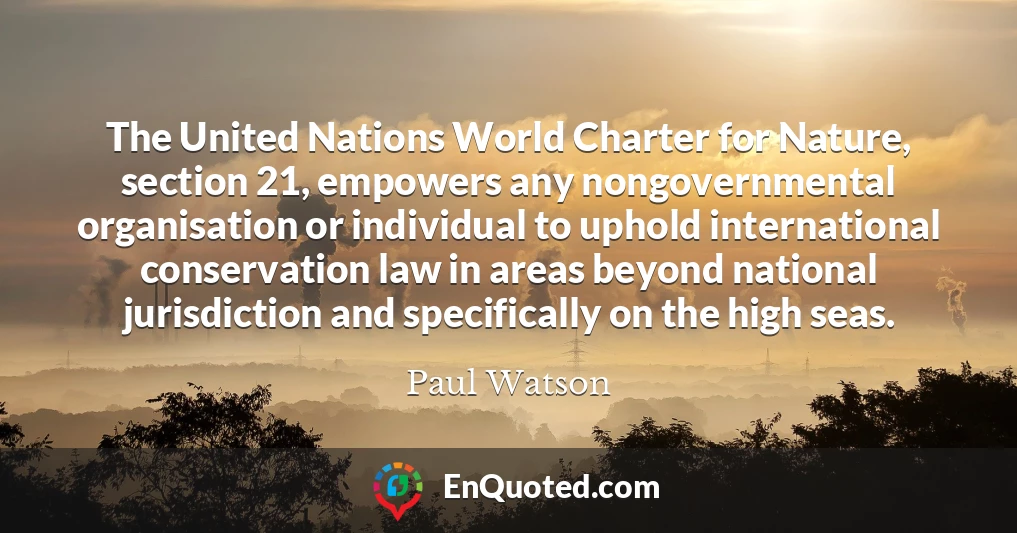 The United Nations World Charter for Nature, section 21, empowers any nongovernmental organisation or individual to uphold international conservation law in areas beyond national jurisdiction and specifically on the high seas.