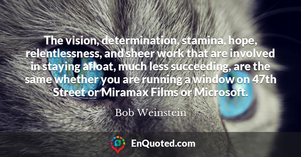 The vision, determination, stamina, hope, relentlessness, and sheer work that are involved in staying afloat, much less succeeding, are the same whether you are running a window on 47th Street or Miramax Films or Microsoft.