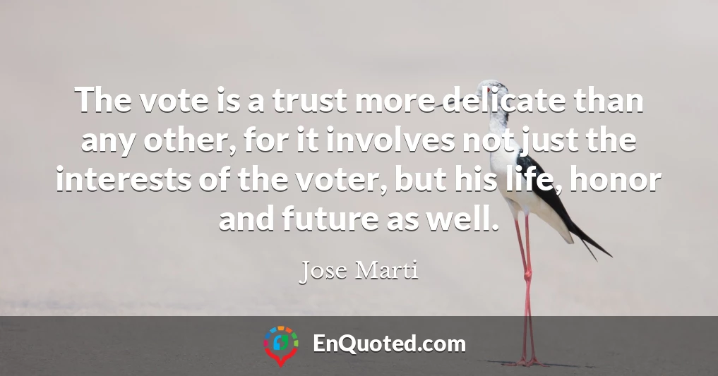 The vote is a trust more delicate than any other, for it involves not just the interests of the voter, but his life, honor and future as well.