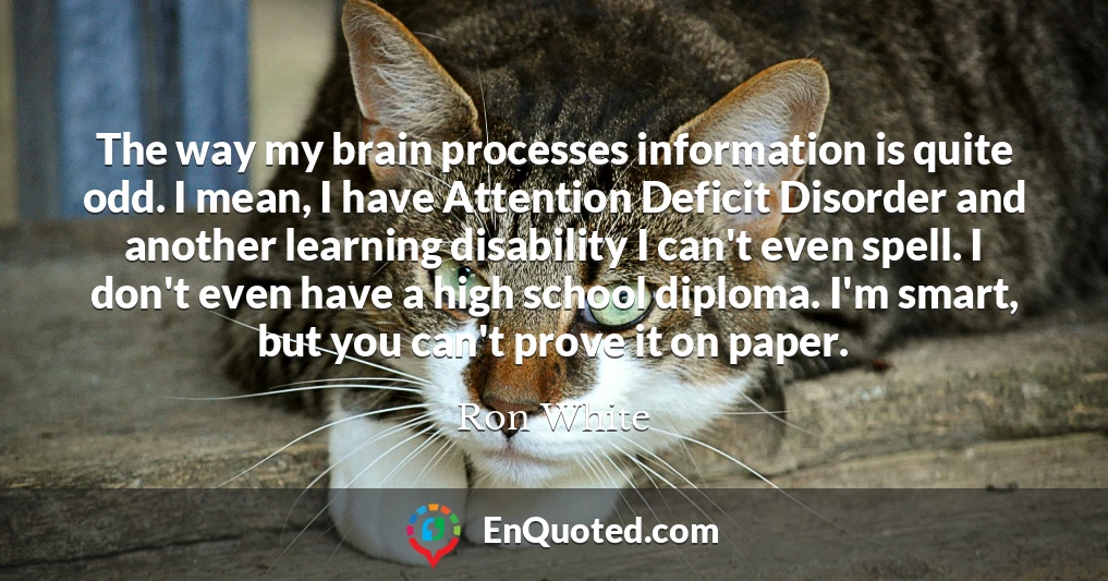 The way my brain processes information is quite odd. I mean, I have Attention Deficit Disorder and another learning disability I can't even spell. I don't even have a high school diploma. I'm smart, but you can't prove it on paper.